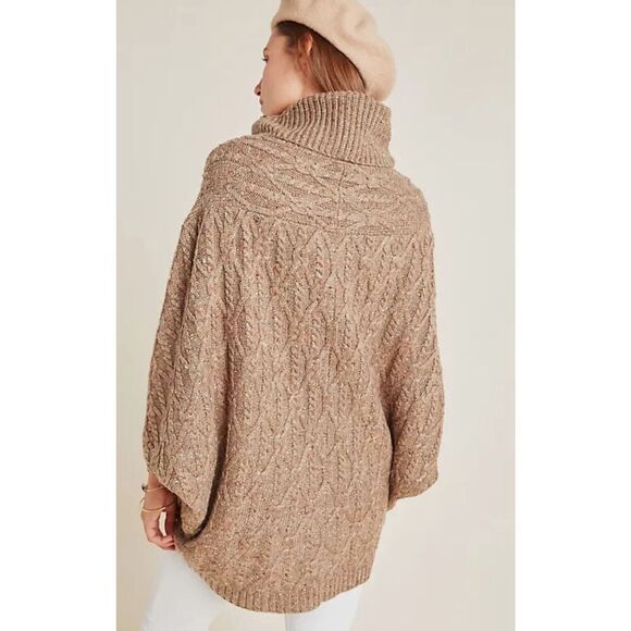ANTHROPOLOGIE Corinne Cable Knit Poncho Sweater Small Taupe Tan Cowl Oversized - Picture 3 of 15